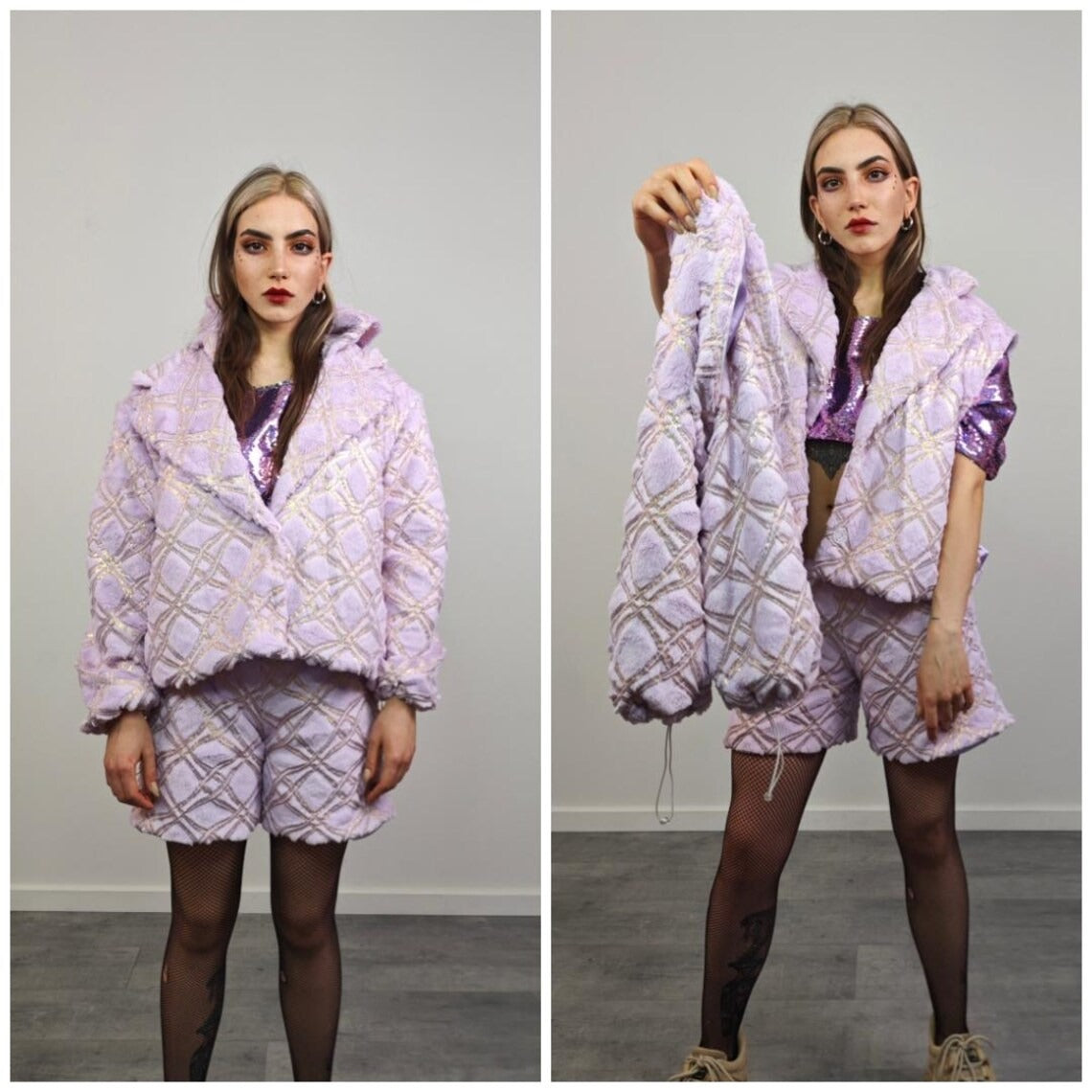 Cropped going out coat purple gold glitter jacket shiny embellished fleece bomber detachable sleeves handmade party trench festival set