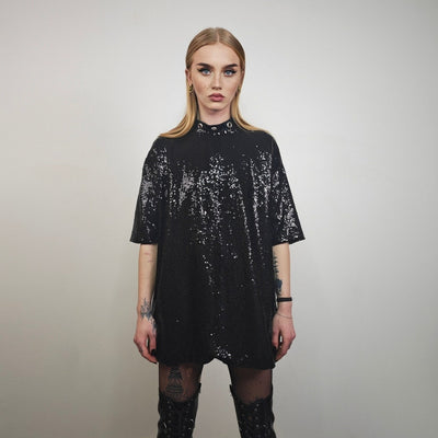 Black sequin t-shirt glitter top sparkle jumper party pullover glam rock jumper fancy dress embellished going out tee in luminous dark