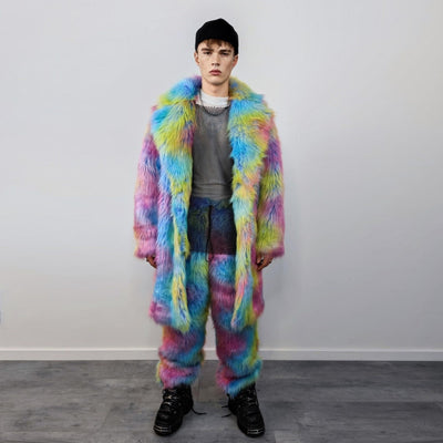 Rainbow faux fur joggers unicorn raver pants fluffy psychedelic trousers ski fleece tie-dye overalls festival bottoms burning man pants blue