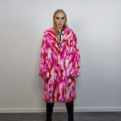 Faux fur long striped coat zebra trench neon raver bomber fluffy tie-dye winter fleece festival jacket burning man going out coat red pink