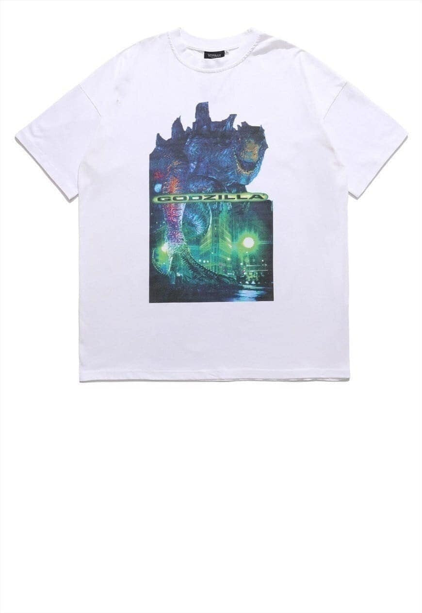 Godzilla print t-shirt grunge monster tee movie top in white