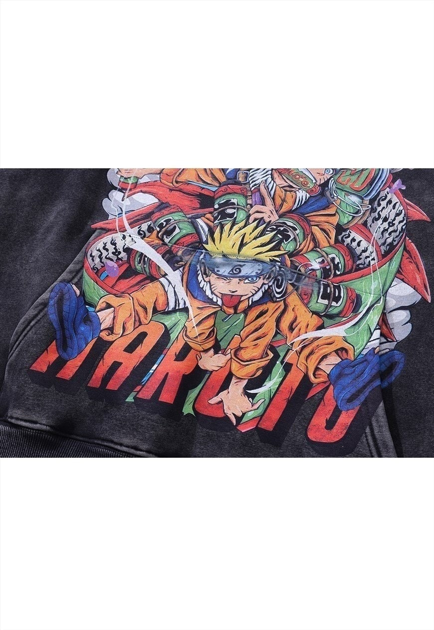 Anime hoodie vintage wash pullover cartoon jumper