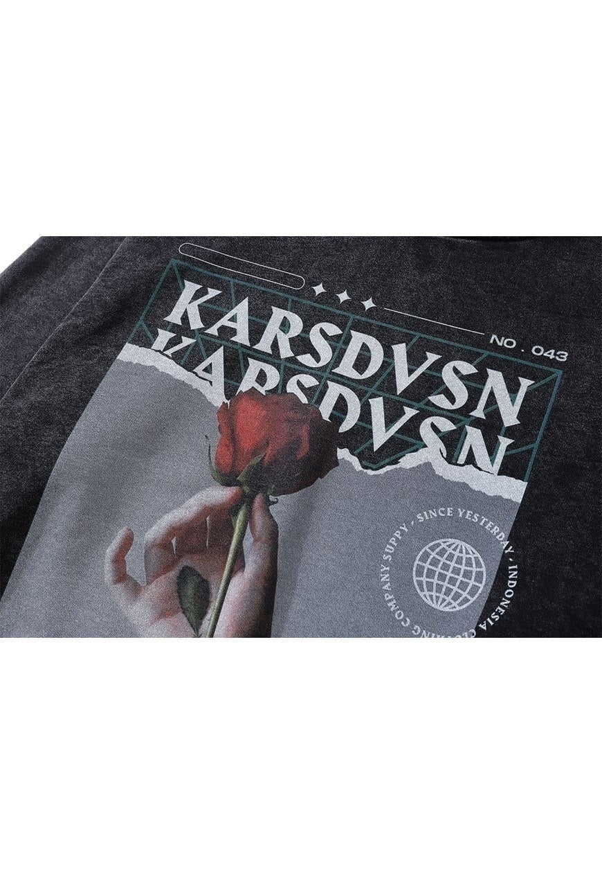 Rose print hoodie floral pullover grunge top in acid grey