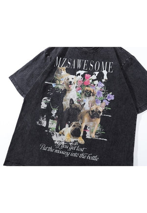 Pets print t-shirt dog tee retro cat top in acid black