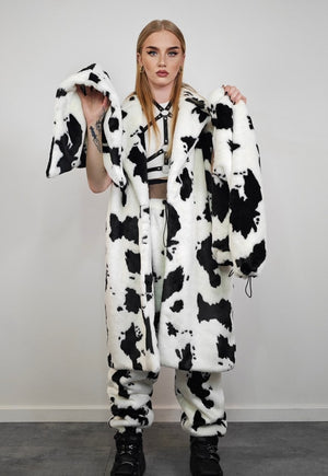 Cow print coat hooded faux fur spot pattern trench animal