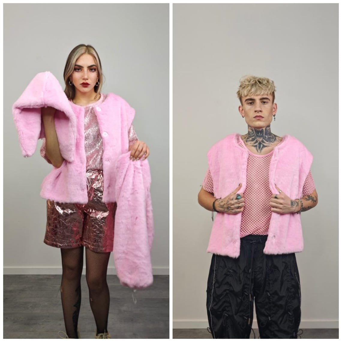 Collarless faux fur coat pastel pink fuzzy trench hairy crop jacket detachable sleeves handmade fluffy party overcoat fluffy festival set
