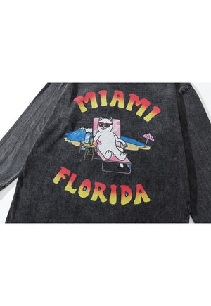 Florida t-shirt pussy Miami long tee retro cat top in grey