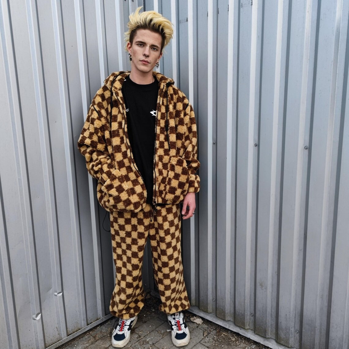 Checked fleece joggers brown Fluffy plaid trousers luxury SKA check pants handmade party hotpants geometric festival set raver tracksuit