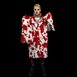 Cow print faux fur long coat hooded spot print trench rave bomber detachable fleece festival removable sleeves burning man jacket red white