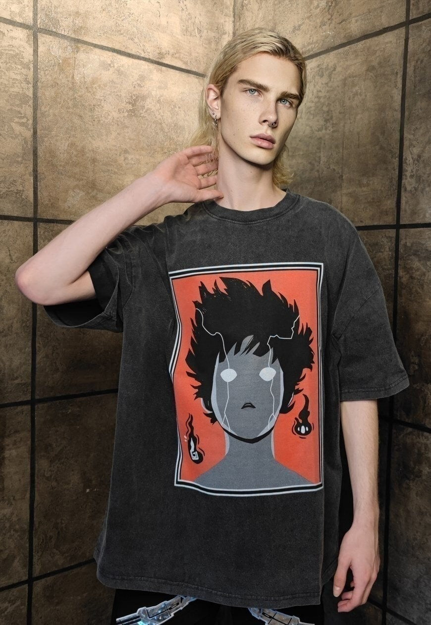 Anime t-shirt premium vintage wash grunge tee in grey