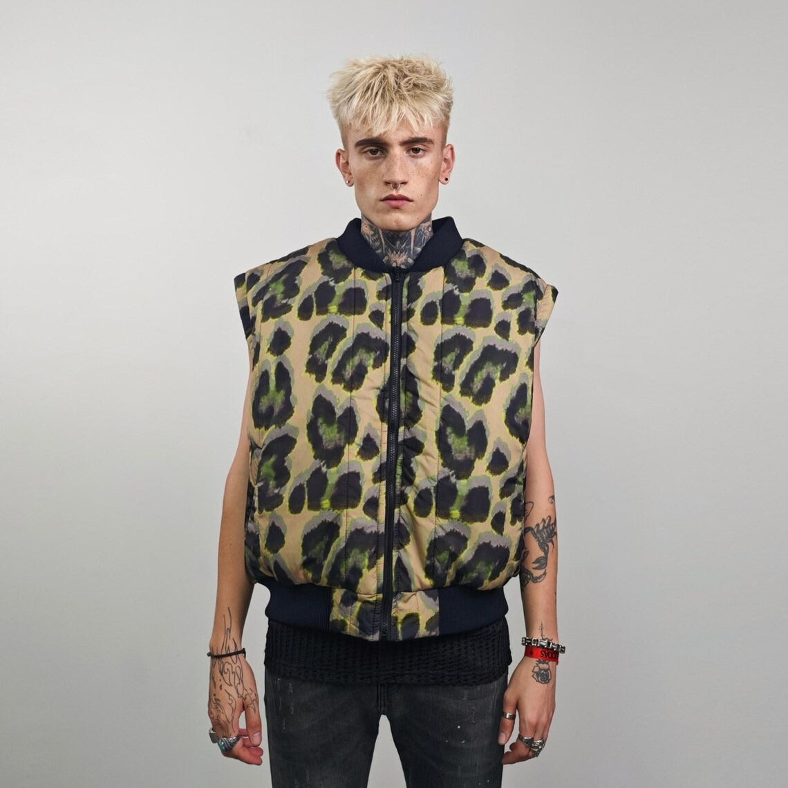 Leopard jacket brown animal print bomber reversible cheetah college varsity detachable sleeves handmade rave puffer grunge festival coat