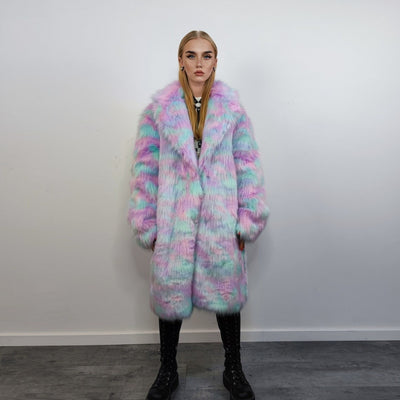 Candy faux fur long coat unicorn trench neon raver bomber fluffy tie-dye fleece psychedelic festival jacket burning man going out coat pink