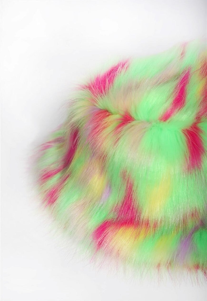 Festival faux fur bucket hat fluffy neon hat tropical print