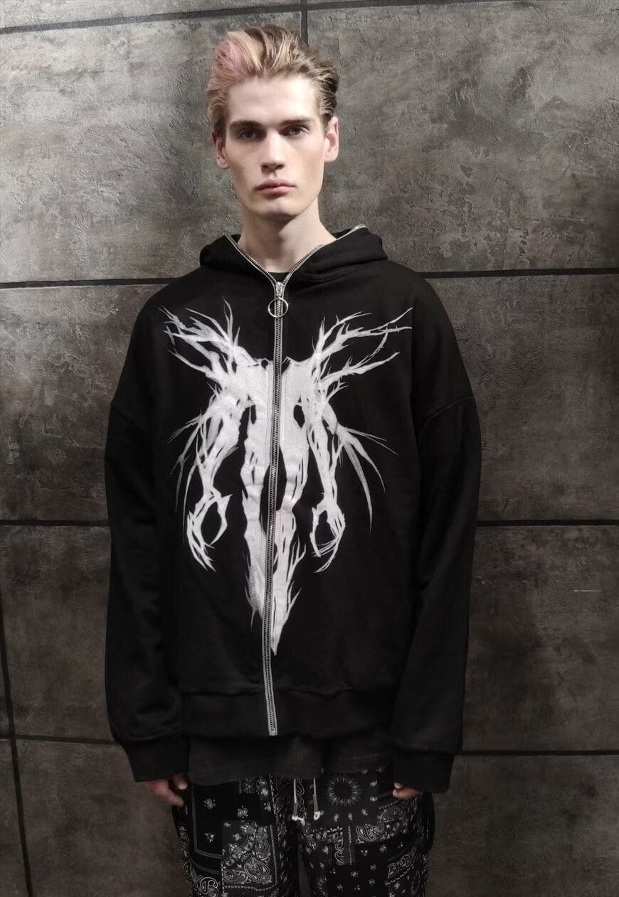Graffiti hoodie Gothic raver pullover y2k zipper top black