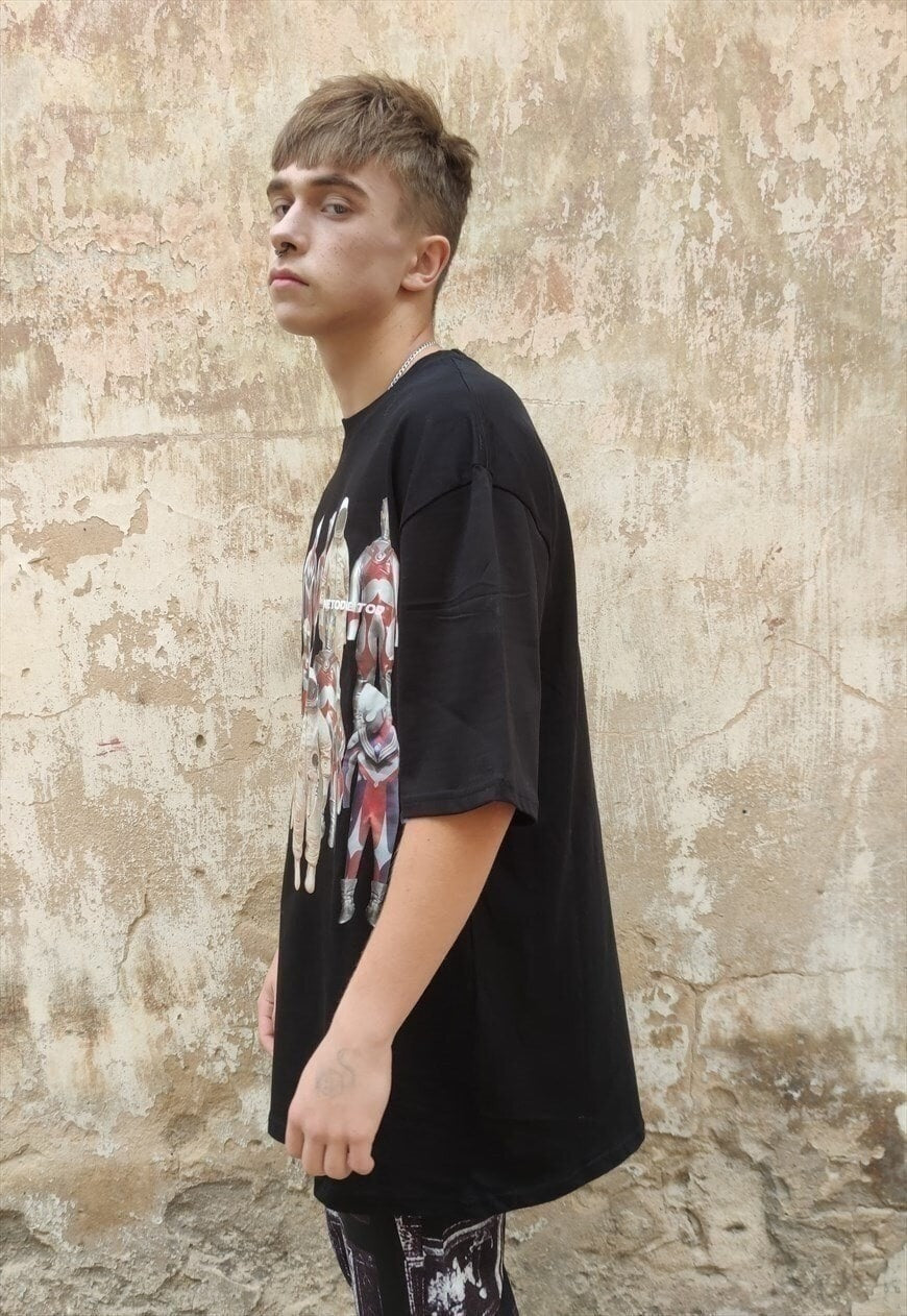 Alien print tee party Robot t-shirt transformer top in black