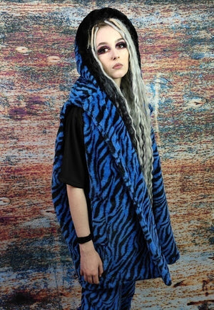 Zebra fleece coat handmade 2in1 stripe trench jacket in blue