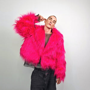 Neon faux fur coat shaggy cropped trench festival short jacket fuzzy overcoat carnival bomber florescent peacoat multifunctional rave fleece