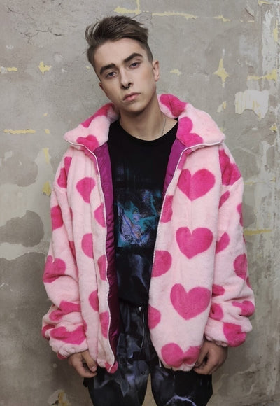 Heart fleece bomber handmade love emoji tracktop jacket pink