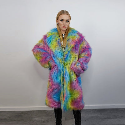 Rainbow Faux fur long coat unicorn trench neon raver bomber fluffy tie-dye fleece psychedelic festival jacket burning man going out coat