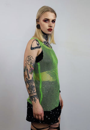 Diamante beaded mesh vest transparent glitter tank top green