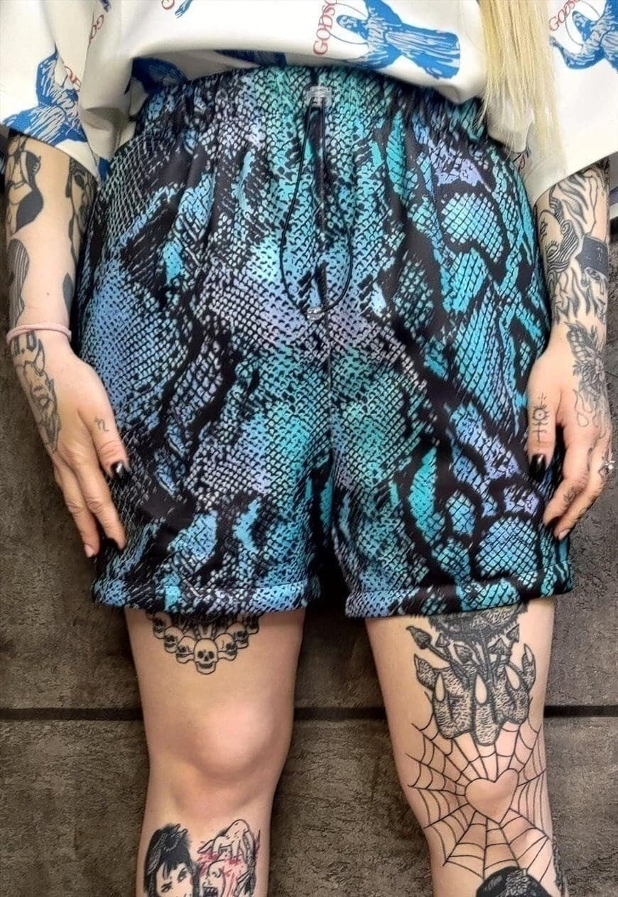 Snake print shorts handmade python overalls in tie-dye blue