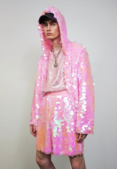 Pink sequin jacket hooded mermaid bomber holographic