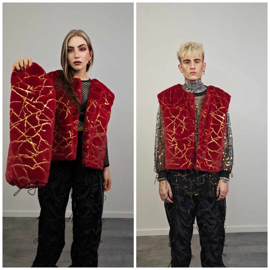 Collarless going out coat red gold glitter trench shiny embellished fleece jacket detachable sleeves handmade party overcoat festival set