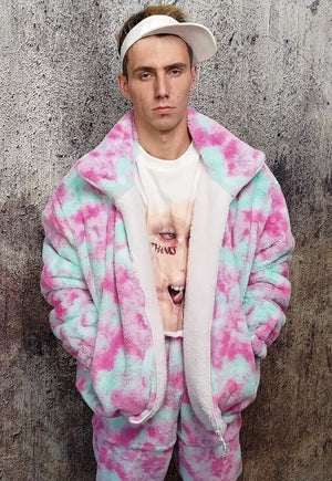 Reversible fleece bomber handmade tie-dye sports jacket pink