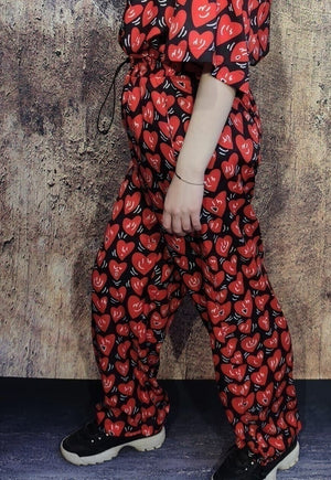 Heart print beam joggers handmade love emoji overalls red