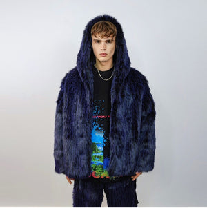 Hooded shaggy faux fur coat luxury fuzzy bomber luminous raver puffer fluffy fleece long hair going out trench burning man overcoat blue