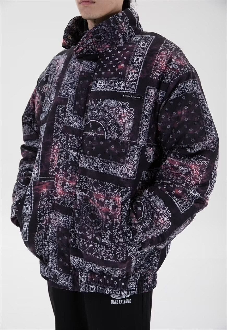 Checked paisley print bomber bandana denim jacket in black