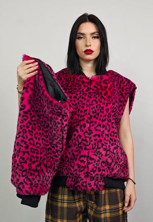 Short leopard jacket pink animal print fluffy college bomber