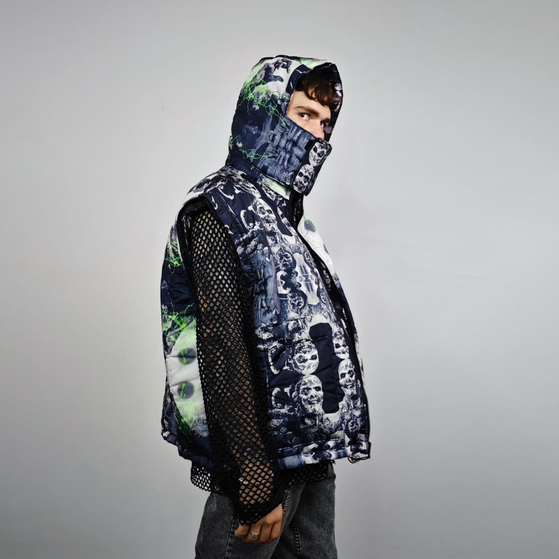 Zombie print jacket horror fan bomber reversible creepy punk college varsity detachable sleeves handmade gothic puffer hooded festival coat