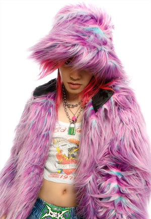 Festival faux fur bucket hat fluffy neon hat rave cap purple