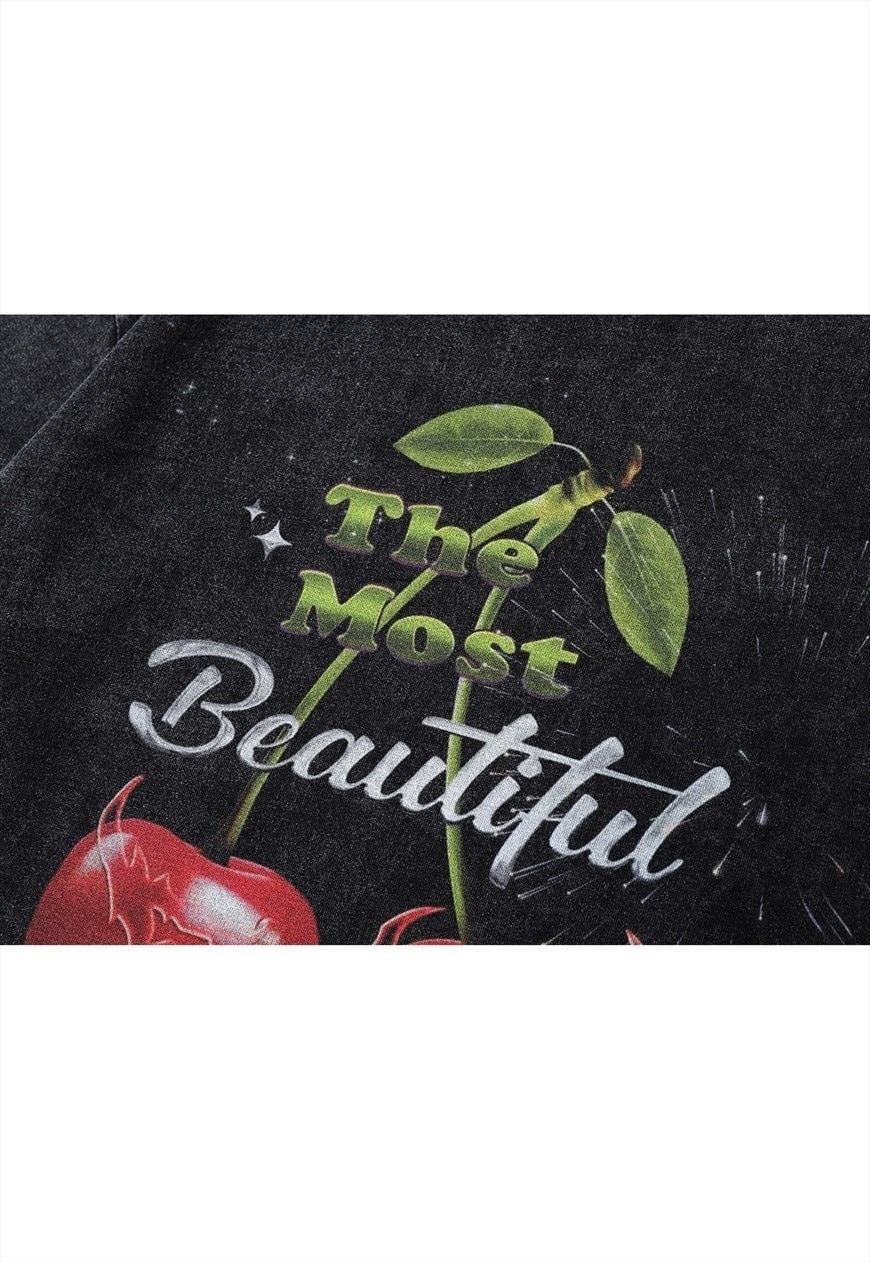 Cherry t-shirt vintage wash fruit print top long tee grey
