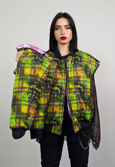 Punk check varsity jacket green check reversible rave bomber