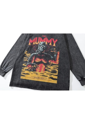 Mummy t-shirt punk movie long tee retro Egypt top acid black