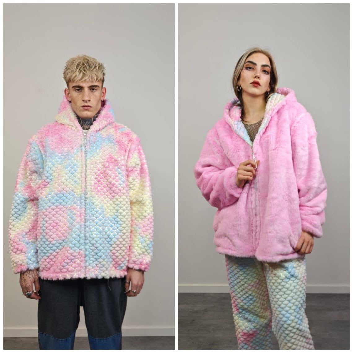 Mermaid joggers blue pink tie-dye fleece pants faux fur rainbow trousers retro geometric overalls fluffy bottoms festival set rave outfit