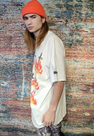 Burning cross t-shirt graffiti flame top grunge tee white