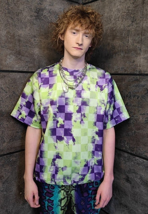 Check print t-shirt handmade acid chess tee punk top purple