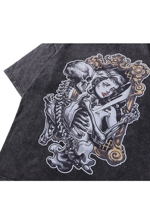 Gothic t-shirt skeleton print tee retro top in vintage grey