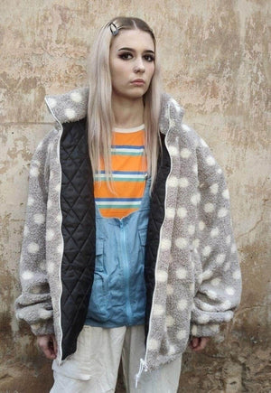 Polka dot fleece jacket handmade fluffy spot bomber in grey