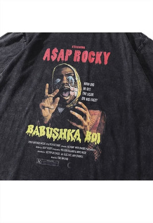 Rapper print t-shirt hip-hop tee ASAP Rocky top in grey