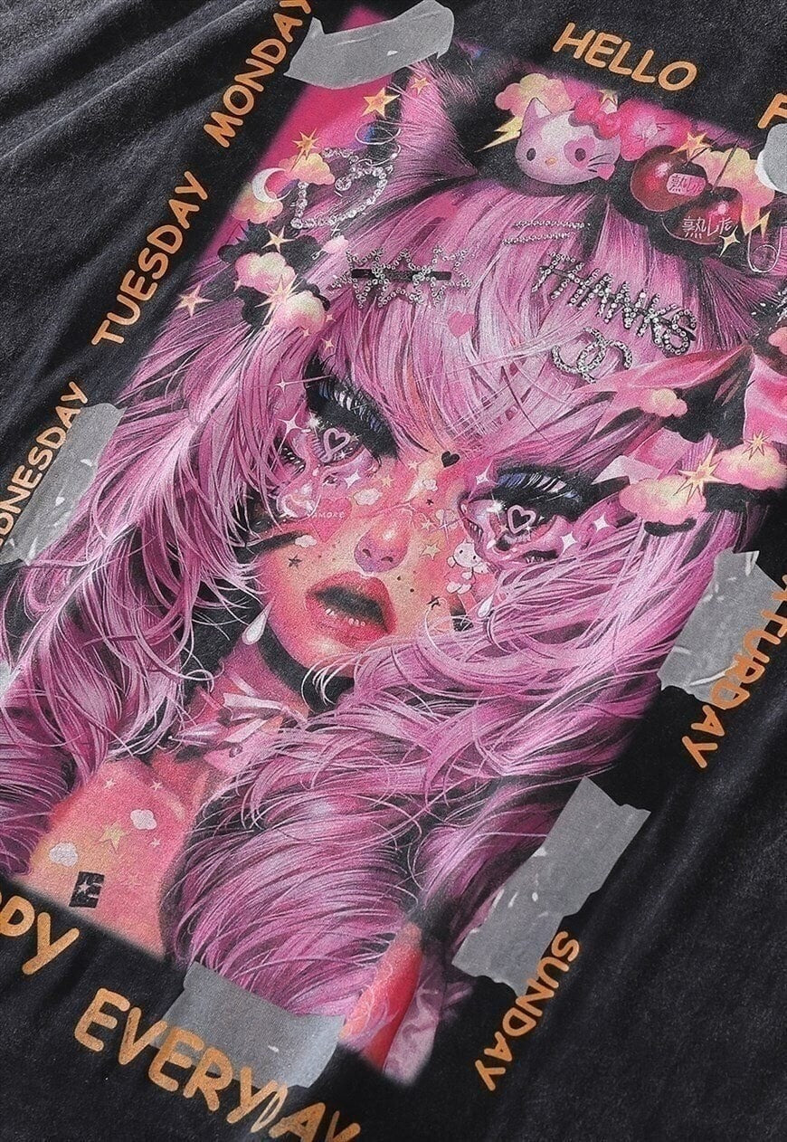 E-girl t-shirt cyber Japanese punk tee Manga top acid grey