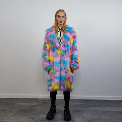 Marshmallow faux fur long coat unicorn trench raver bomber fluffy tie-dye fleece rainbow festival jacket burning man going out coat in pink