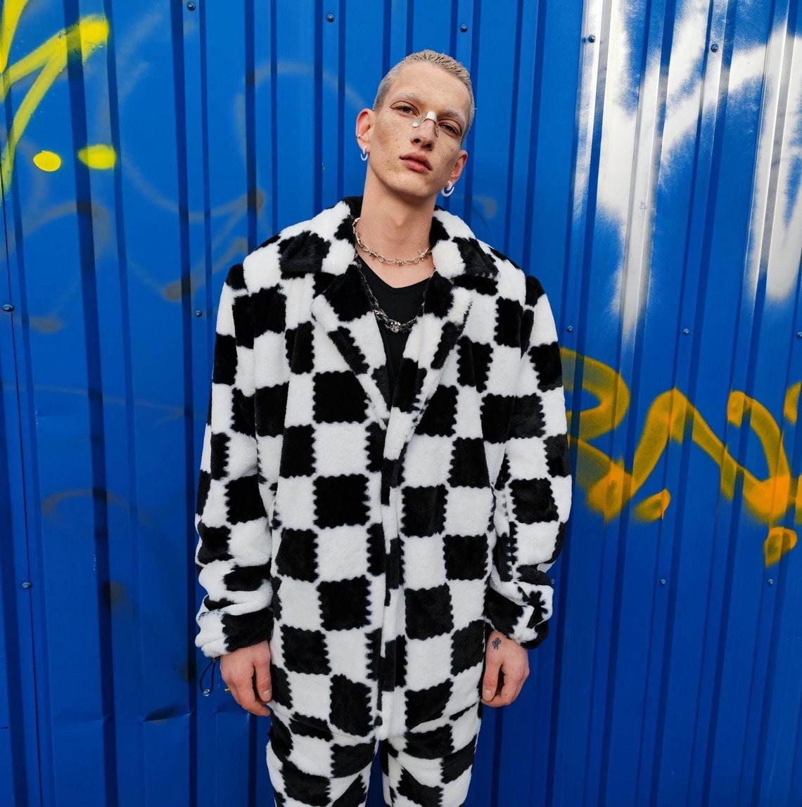 Checked trench coat faux fur white black overcoat plaid jacket SKA bomber detachable sleeves handmade rave puffer festival Coachella fleece