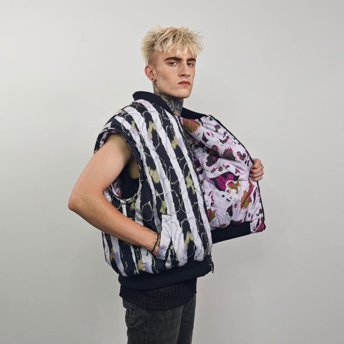 Vertical stripe bomber black white Beetlejuice jacket creepy reversible college varsity detachable sleeves handmade horror fan grunge coat