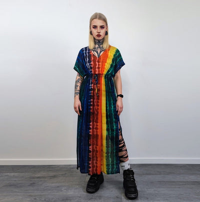 Transparent rainbow dress sleeveless Gay pride long gown side split LGBT sundress see-through tie-dye frock carnival sheath one size blouse