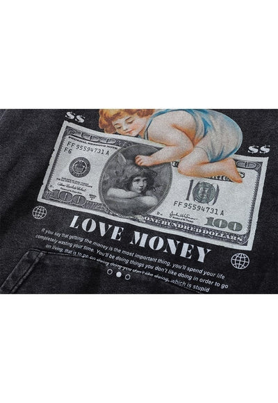 Money hoodie angel print pullover grunge top in acid grey