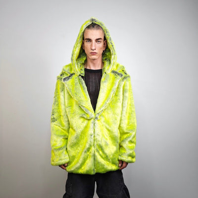 Luminous faux fur coat neon green trench oversize lemon jacket festival overcoat fluorescent peacoat rave bomber psychedelic party fleece